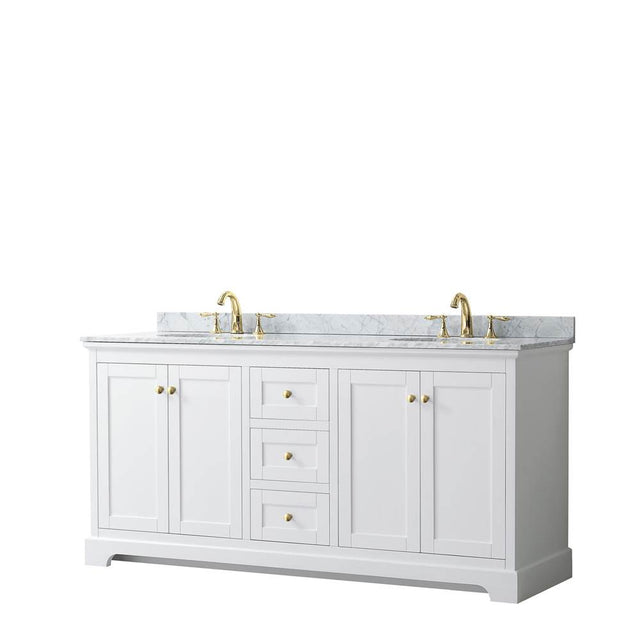 Wyndham Collection - Avery 72 Inch Double Bathroom Vanity in White, White Carrara Marble Countertop, Undermount Oval Sinks, Brushed Gold Trim