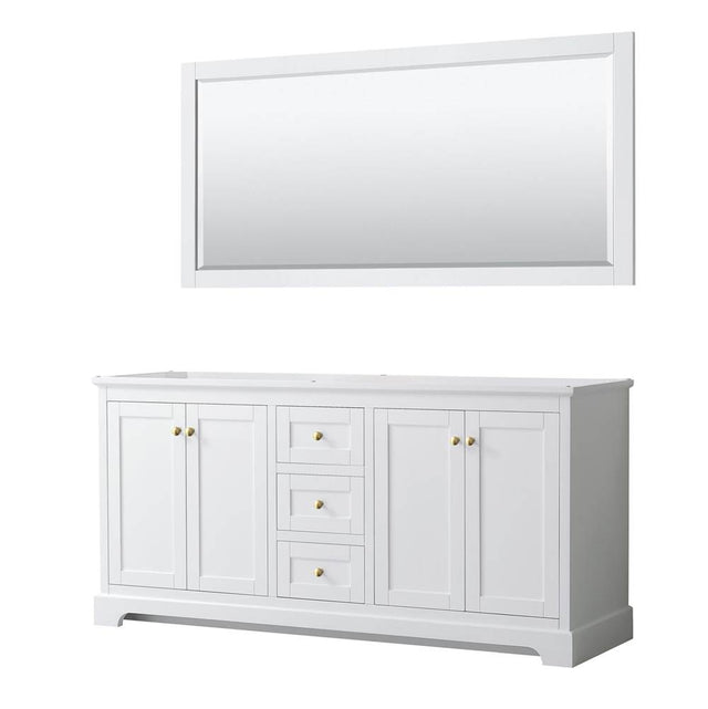 Wyndham Collection - Avery 72 Inch Double Bathroom Vanity in White, No Countertop, No Sinks, 70 Inch Mirror, Brushed Gold Trim