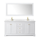 Avery 72 Inch Double Bathroom Vanity in White, White Cultured Marble Countertop, Undermount Square Sinks, Brushed Gold Trim