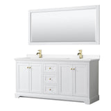 Wyndham Collection - Avery 72 Inch Double Bathroom Vanity in White, White Cultured Marble Countertop, Undermount Square Sinks, 70 Inch Mirror, Brushed Gold Trim