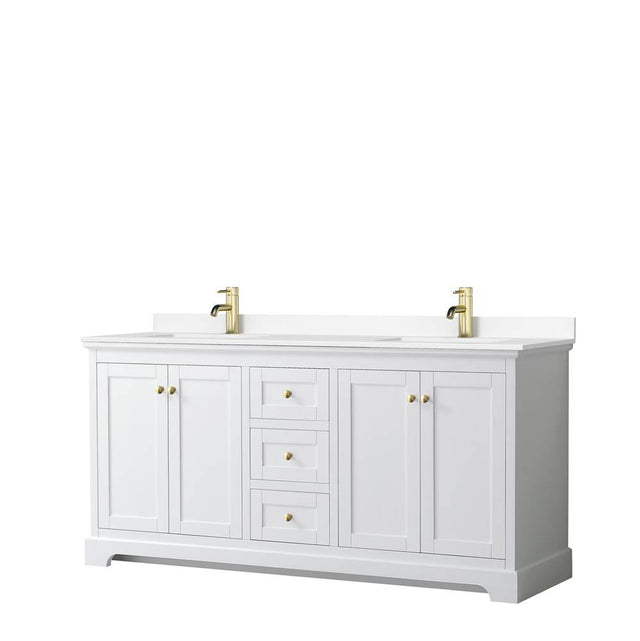 Wyndham Collection - Avery 72 Inch Double Bathroom Vanity in White, White Cultured Marble Countertop, Undermount Square Sinks, Brushed Gold Trim