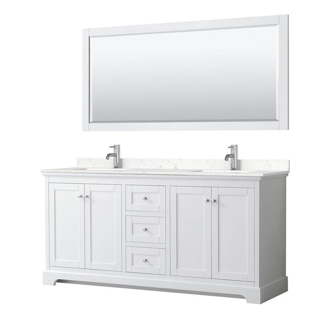 Wyndham Collection - Avery 72 Inch Double Bathroom Vanity in White, Carrara Cultured Marble Countertop, Undermount Square Sinks, 70 Inch Mirror