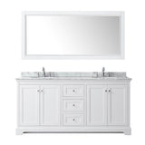 Avery 72 Inch Double Bathroom Vanity in Dark Blue, White Carrara Marble Countertop, Undermount Oval Sinks, and 70 Inch Mirror