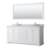 Wyndham Collection - Avery 72 Inch Double Bathroom Vanity in White, White Carrara Marble Countertop, Undermount Oval Sinks, and 70 Inch Mirror - White