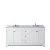 Avery 72 Inch Double Bathroom Vanity in Dark Blue, White Carrara Marble Countertop, Undermount Oval Sinks, and No Mirror