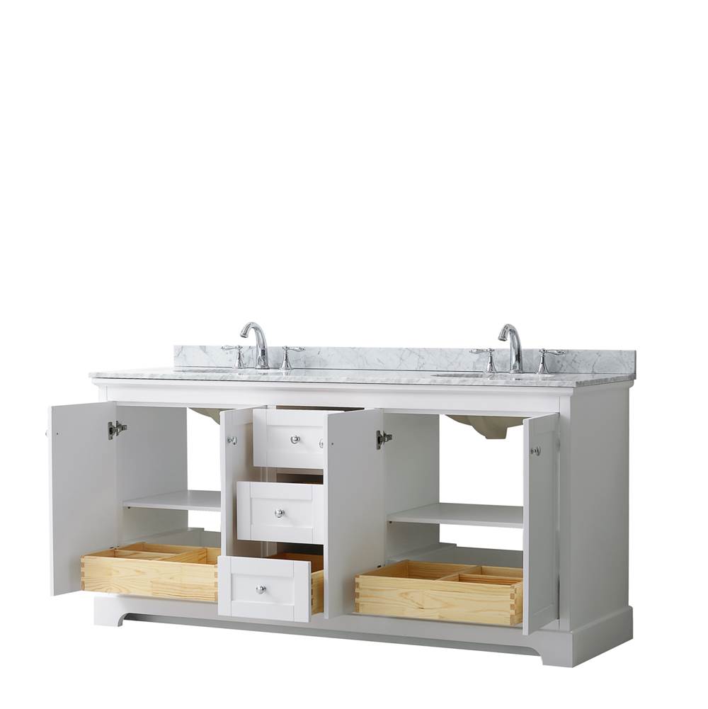 Avery 72 Inch Double Bathroom Vanity in Dark Blue, White Carrara Marble Countertop, Undermount Oval Sinks, and No Mirror