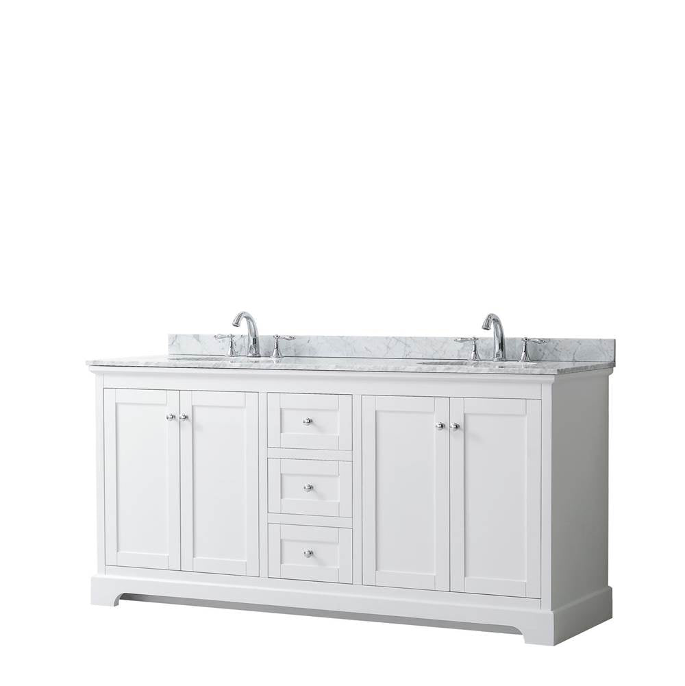 Wyndham Collection - Avery 72 Inch Double Bathroom Vanity in White, White Carrara Marble Countertop, Undermount Oval Sinks, and No Mirror - White