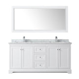 Avery 72 Inch Double Bathroom Vanity in Dark Blue, White Carrara Marble Countertop, Undermount Square Sinks, and 70 Inch Mirror
