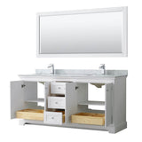 Avery 72 Inch Double Bathroom Vanity in Dark Blue, White Carrara Marble Countertop, Undermount Square Sinks, and 70 Inch Mirror