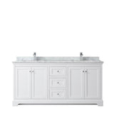Avery 72 Inch Double Bathroom Vanity in Dark Blue, White Carrara Marble Countertop, Undermount Square Sinks, and No Mirror