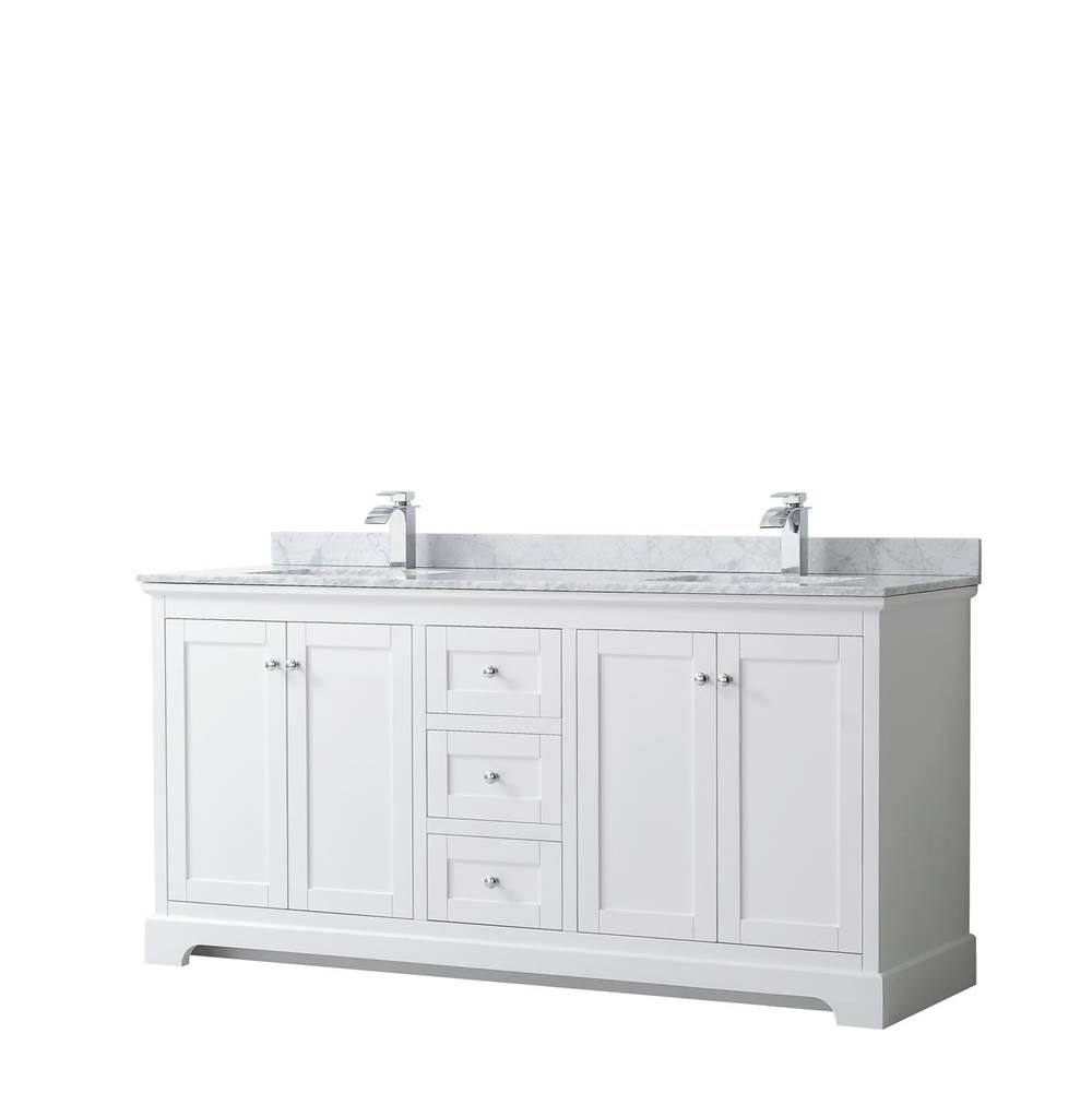 Wyndham Collection - Avery 72 Inch Double Bathroom Vanity in White, White Carrara Marble Countertop, Undermount Square Sinks, and No Mirror - White