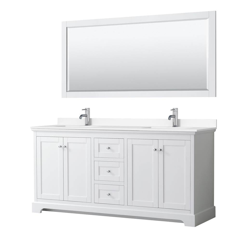 Wyndham Collection - Avery 72 Inch Double Bathroom Vanity in White, White Cultured Marble Countertop, Undermount Square Sinks, 70 Inch Mirror