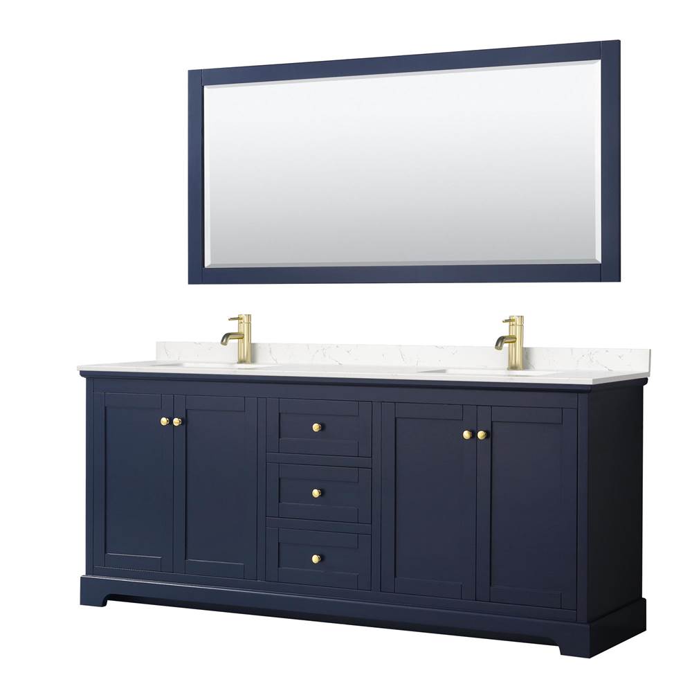 Wyndham Collection - Avery 80 Inch Double Bathroom Vanity in Dark Blue, Carrara Cultured Marble Countertop, Undermount Square Sinks, 70 Inch Mirror