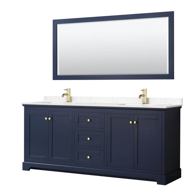 Wyndham Collection - Avery 80 Inch Double Bathroom Vanity in Dark Blue, Carrara Cultured Marble Countertop, Undermount Square Sinks, 70 Inch Mirror