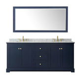 Avery 80 Inch Double Bathroom Vanity in Dark Blue, White Carrara Marble Countertop, Undermount Oval Sinks, and 70 Inch Mirror