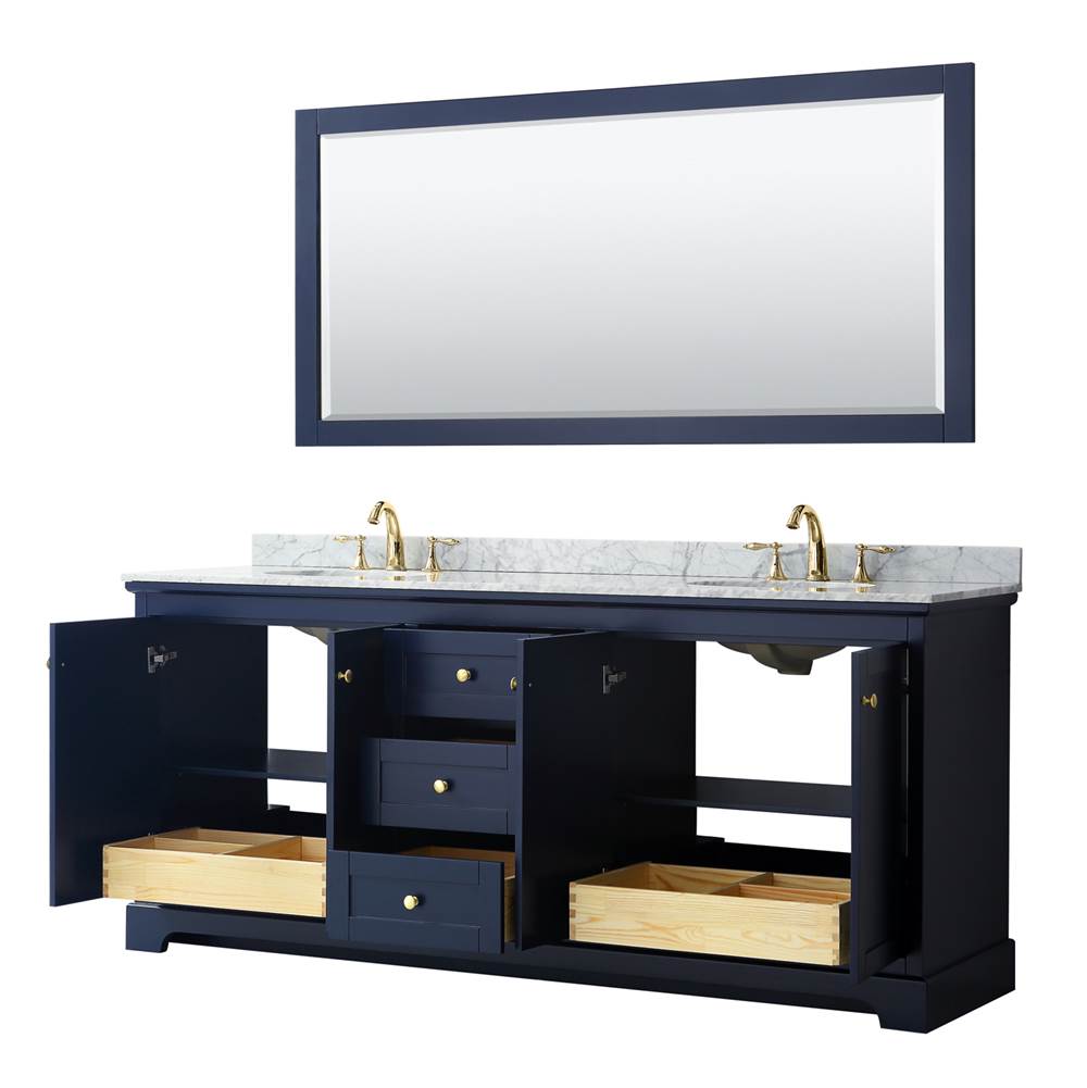 Avery 80 Inch Double Bathroom Vanity in Dark Blue, White Carrara Marble Countertop, Undermount Oval Sinks, and 70 Inch Mirror