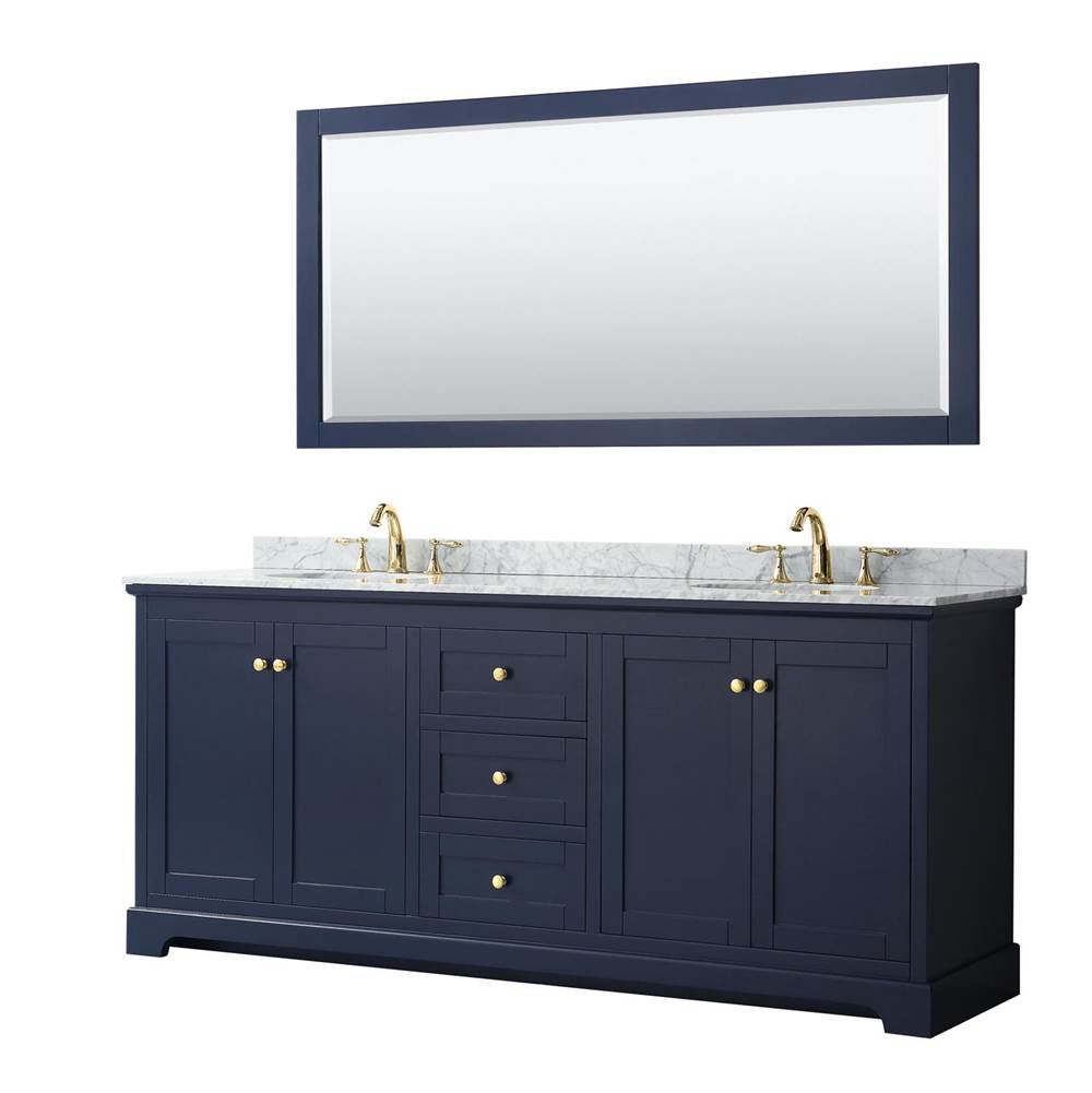 Wyndham Collection - Avery 80 Inch Double Bathroom Vanity in Dark Blue, White Carrara Marble Countertop, Undermount Oval Sinks, and 70 Inch Mirror - Dark Blue