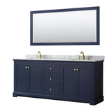 Wyndham Collection - Avery 80 Inch Double Bathroom Vanity in Dark Blue, White Carrara Marble Countertop, Undermount Oval Sinks, and 70 Inch Mirror - Dark Blue