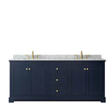 Avery 80 Inch Double Bathroom Vanity in Dark Blue, White Carrara Marble Countertop, Undermount Oval Sinks, and No Mirror