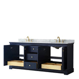 Avery 80 Inch Double Bathroom Vanity in Dark Blue, White Carrara Marble Countertop, Undermount Oval Sinks, and No Mirror