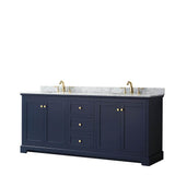 Wyndham Collection - Avery 80 Inch Double Bathroom Vanity in Dark Blue, White Carrara Marble Countertop, Undermount Oval Sinks, and No Mirror - Dark Blue