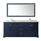 Avery 80 Inch Double Bathroom Vanity in Dark Blue, White Carrara Marble Countertop, Undermount Square Sinks, and 70 Inch Mirror