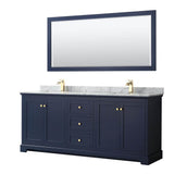 Wyndham Collection - Avery 80 Inch Double Bathroom Vanity in Dark Blue, White Carrara Marble Countertop, Undermount Square Sinks, and 70 Inch Mirror - Dark Blue