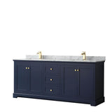 Wyndham Collection - Avery 80 Inch Double Bathroom Vanity in Dark Blue, White Carrara Marble Countertop, Undermount Square Sinks, and No Mirror - Dark Blue