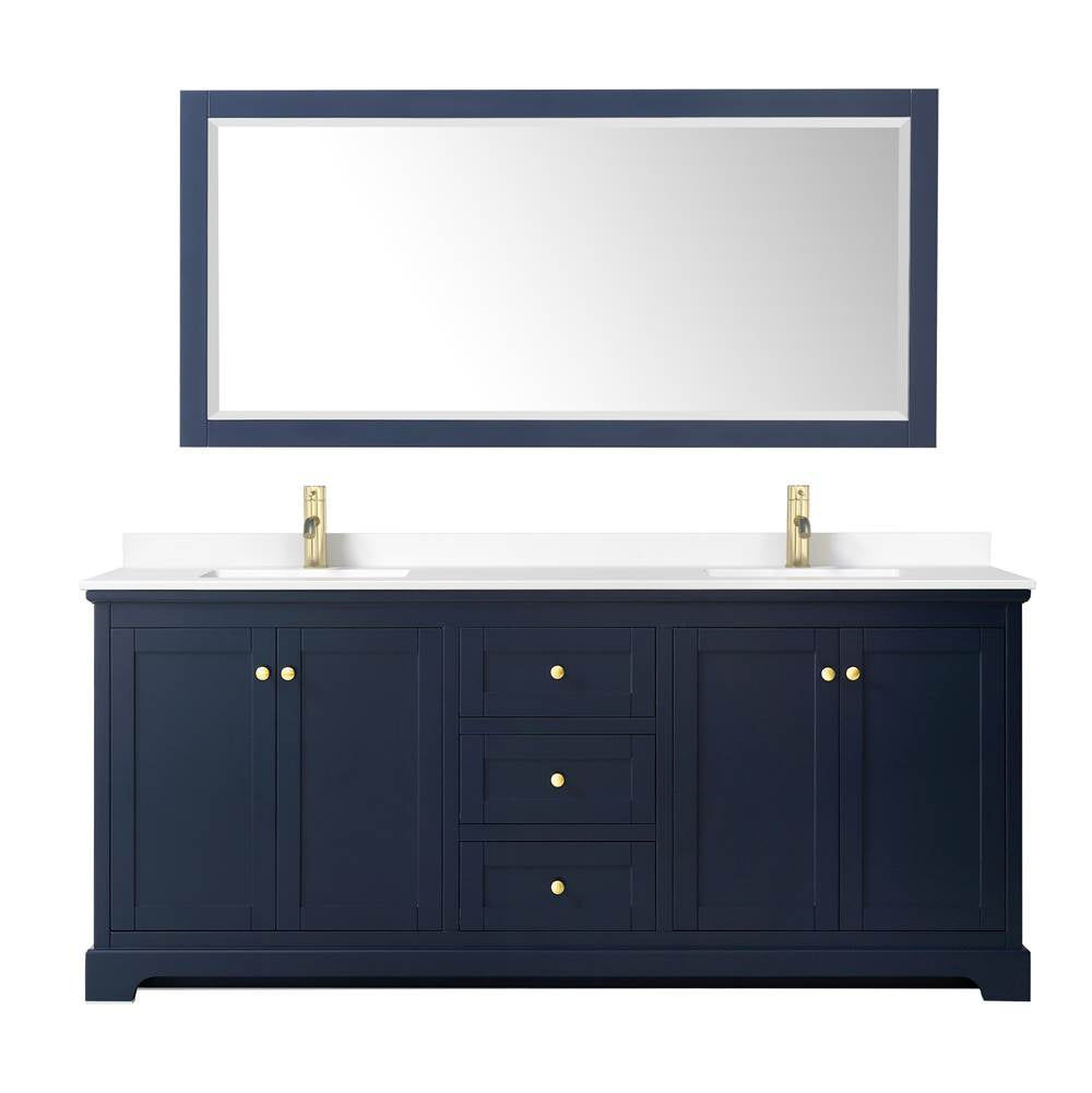 Avery 80 Inch Double Bathroom Vanity in Dark Blue, White Cultured Marble Countertop, Undermount Square Sinks, 70 Inch Mirror