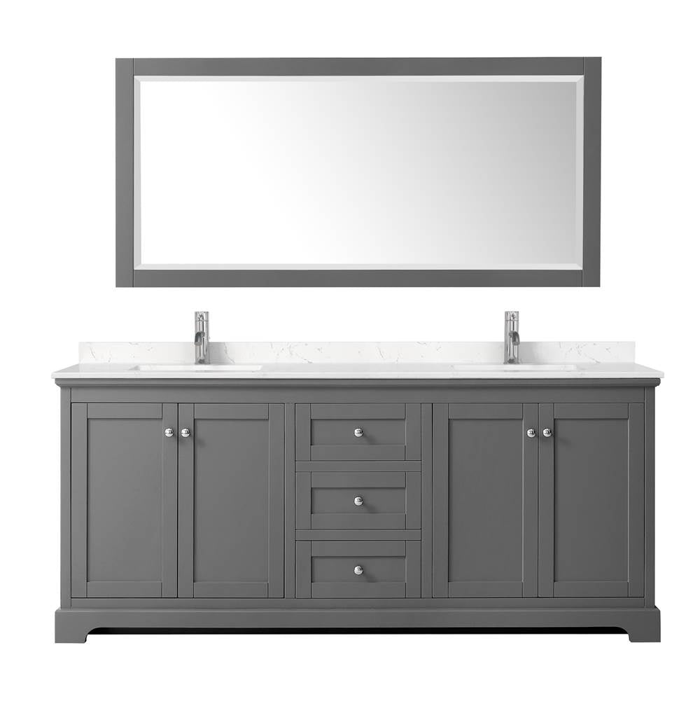 Avery 80 Inch Double Bathroom Vanity in Dark Gray, Carrara Cultured Marble Countertop, Undermount Square Sinks, 70 Inch Mirror
