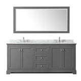 Avery 80 Inch Double Bathroom Vanity in Dark Blue, White Carrara Marble Countertop, Undermount Oval Sinks, and 70 Inch Mirror