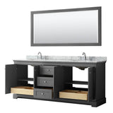 Avery 80 Inch Double Bathroom Vanity in Dark Blue, White Carrara Marble Countertop, Undermount Oval Sinks, and 70 Inch Mirror