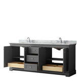 Avery 80 Inch Double Bathroom Vanity in Dark Blue, White Carrara Marble Countertop, Undermount Oval Sinks, and No Mirror
