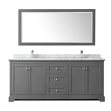 Avery 80 Inch Double Bathroom Vanity in Dark Blue, White Carrara Marble Countertop, Undermount Square Sinks, and 70 Inch Mirror