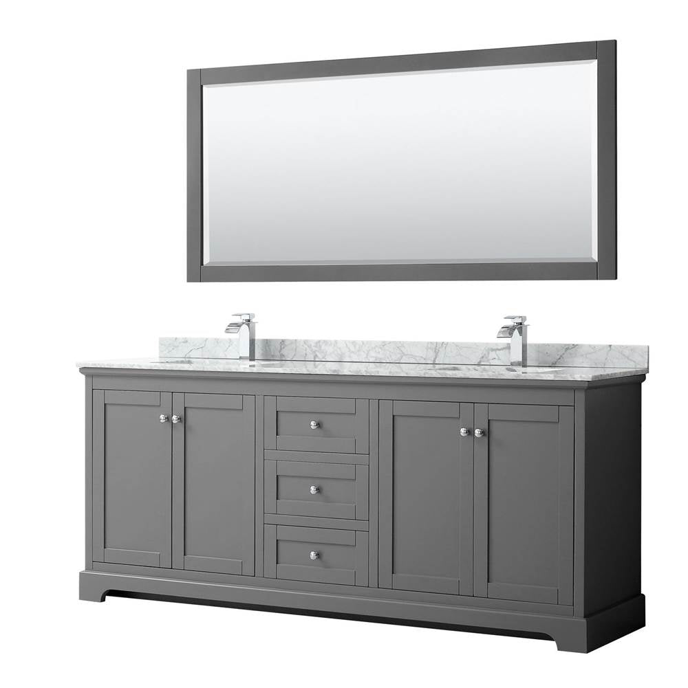 Wyndham Collection - Avery 80 Inch Double Bathroom Vanity in Dark Gray, White Carrara Marble Countertop, Undermount Square Sinks, and 70 Inch Mirror - Dark Gray