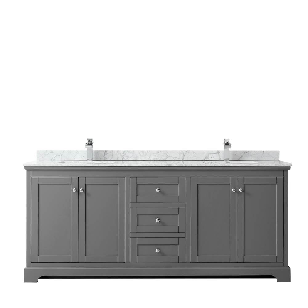Avery 80 Inch Double Bathroom Vanity in Dark Blue, White Carrara Marble Countertop, Undermount Square Sinks, and No Mirror