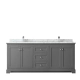Avery 80 Inch Double Bathroom Vanity in Dark Blue, White Carrara Marble Countertop, Undermount Square Sinks, and No Mirror