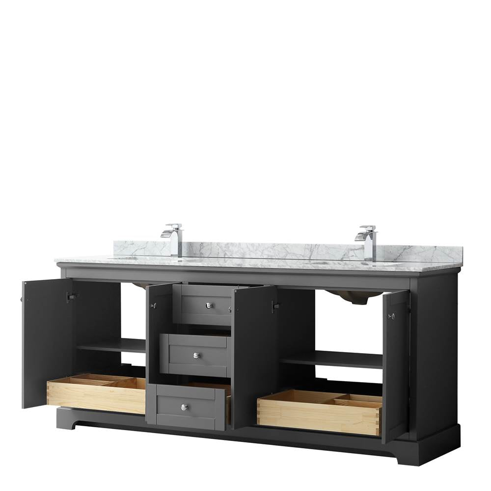 Avery 80 Inch Double Bathroom Vanity in Dark Blue, White Carrara Marble Countertop, Undermount Square Sinks, and No Mirror