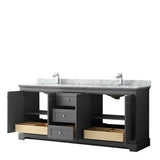 Avery 80 Inch Double Bathroom Vanity in Dark Blue, White Carrara Marble Countertop, Undermount Square Sinks, and No Mirror