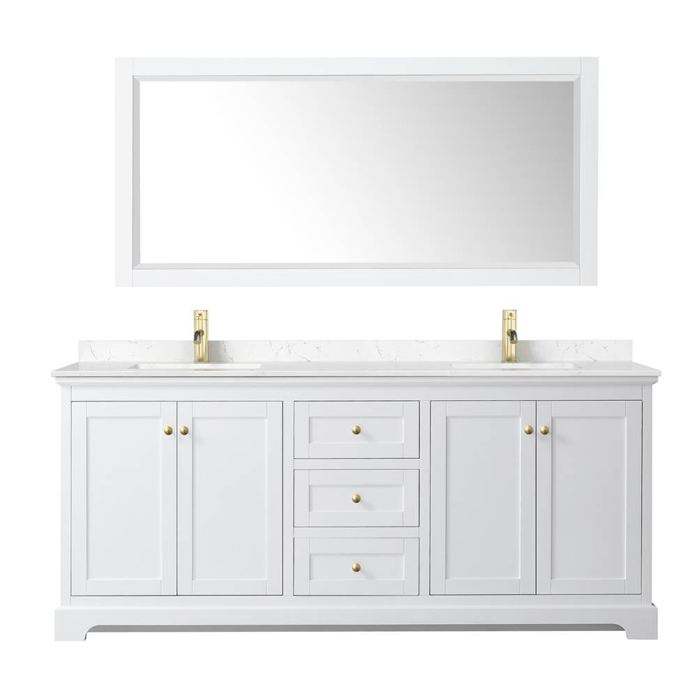 Avery 80 Inch Double Bathroom Vanity in White, Carrara Cultured Marble Countertop, Undermount Square Sinks, 70 Inch Mirror, Brushed Gold Trim