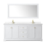 Avery 80 Inch Double Bathroom Vanity in White, Carrara Cultured Marble Countertop, Undermount Square Sinks, 70 Inch Mirror, Brushed Gold Trim