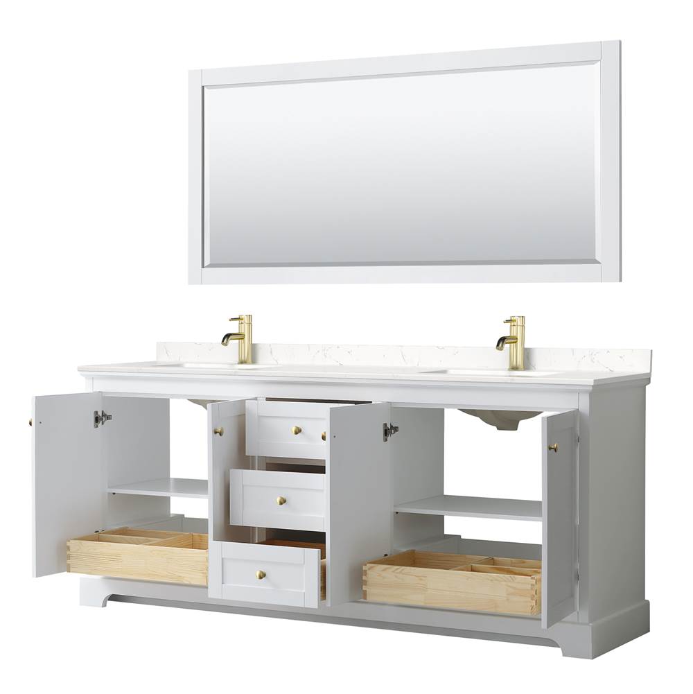 Avery 80 Inch Double Bathroom Vanity in White, Carrara Cultured Marble Countertop, Undermount Square Sinks, Brushed Gold Trim
