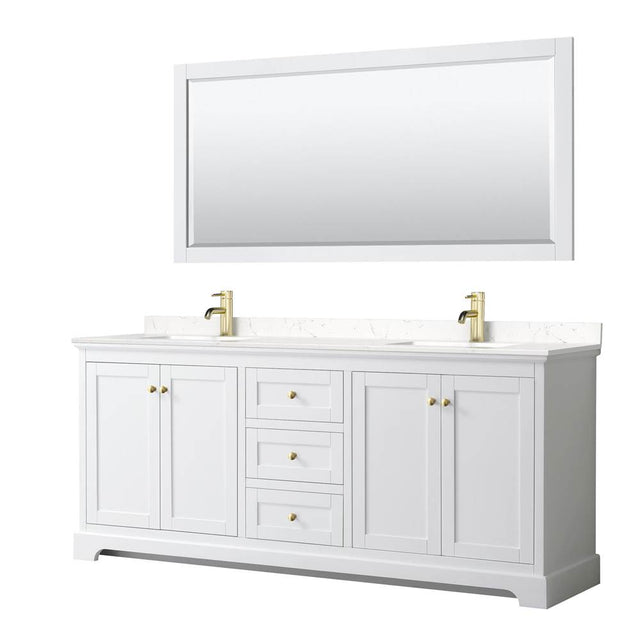 Wyndham Collection - Avery 80 Inch Double Bathroom Vanity in White, Carrara Cultured Marble Countertop, Undermount Square Sinks, 70 Inch Mirror, Brushed Gold Trim