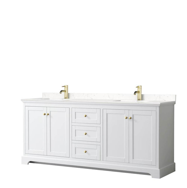 Wyndham Collection - Avery 80 Inch Double Bathroom Vanity in White, Carrara Cultured Marble Countertop, Undermount Square Sinks, Brushed Gold Trim
