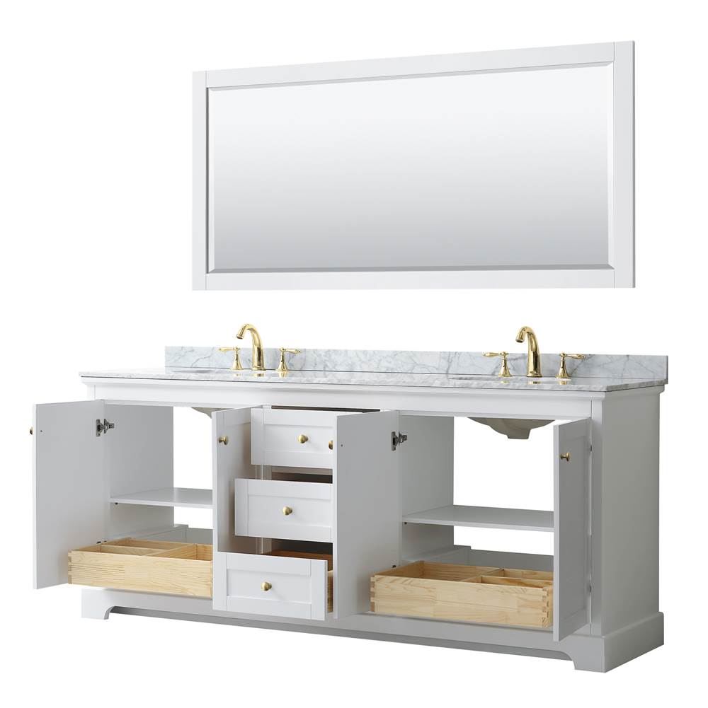 Avery 80 Inch Double Bathroom Vanity in White, White Carrara Marble Countertop, Undermount Oval Sinks, 70 Inch Mirror, Brushed Gold Trim