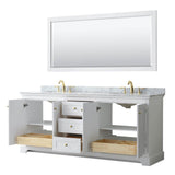 Avery 80 Inch Double Bathroom Vanity in White, White Carrara Marble Countertop, Undermount Oval Sinks, 70 Inch Mirror, Brushed Gold Trim
