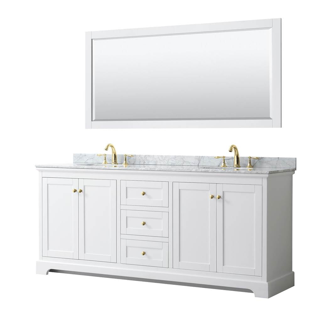 Wyndham Collection - Avery 80 Inch Double Bathroom Vanity in White, White Carrara Marble Countertop, Undermount Oval Sinks, 70 Inch Mirror, Brushed Gold Trim
