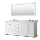 Wyndham Collection - Avery 80 Inch Double Bathroom Vanity in White, White Carrara Marble Countertop, Undermount Oval Sinks, 70 Inch Mirror, Brushed Gold Trim