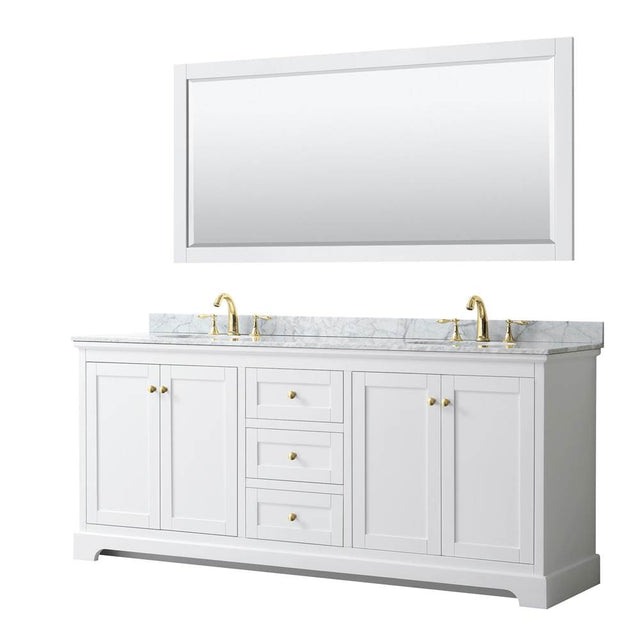 Wyndham Collection - Avery 80 Inch Double Bathroom Vanity in White, White Carrara Marble Countertop, Undermount Oval Sinks, 70 Inch Mirror, Brushed Gold Trim