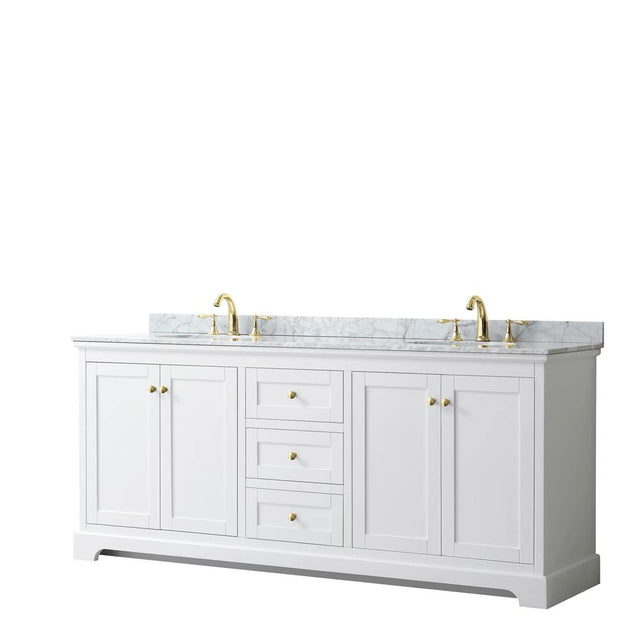 Wyndham Collection - Avery 80 Inch Double Bathroom Vanity in White, White Carrara Marble Countertop, Undermount Oval Sinks, Brushed Gold Trim